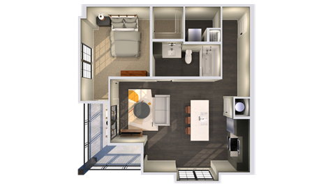 Floor plan for 1 bed, 1 bath, 730 sqft